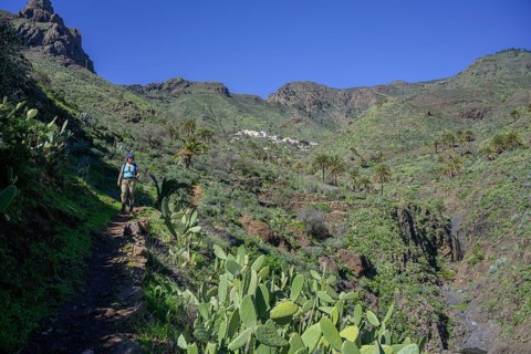 Hiker on hiking trail Barranco Guarimar in the background Place Imada