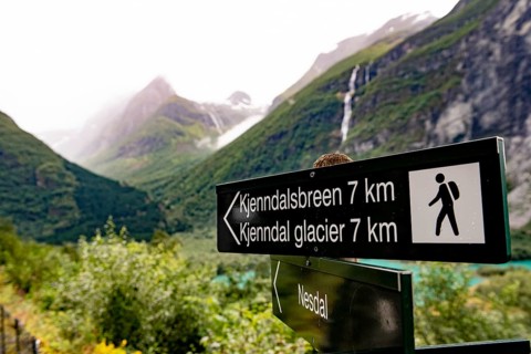 Sign at Lovatnet near Loen near the glacier Kjenndalsbreen