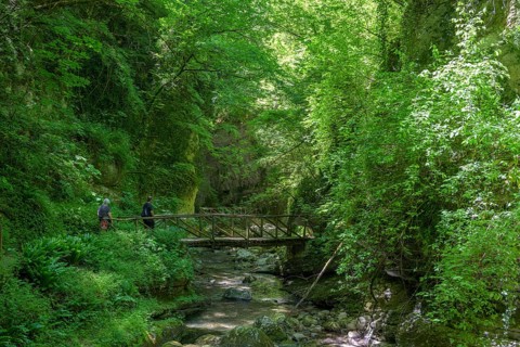 Bridge of the hiking trail through the canyon of the Orfento river