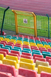 Colourful seats for the spectators at Friedrich Ludwig Jahn Sportpark