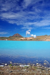 Geothermal lake and steam of a diatomaceous earth plant