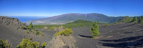 View from Mirador del Llano del Jable towards Los Llanos right Montana Quemada
