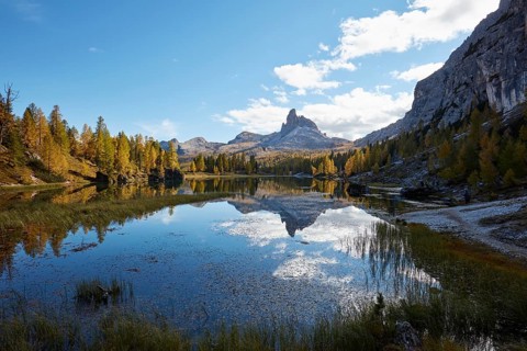 Monte Pelmo reflected in mountain lake Lago Federa