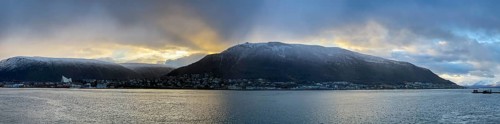 At the harbour with view to the Ice Sea Cathedral and the cable car station Fjellheisen at Storsteinen