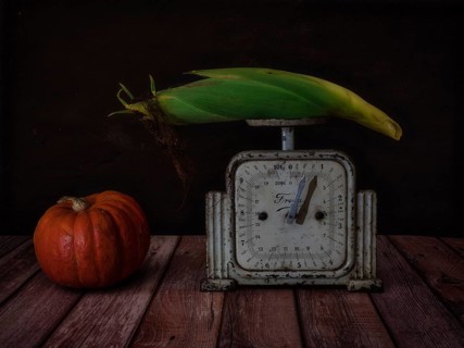 Still Life with Pumpkin and Corn on the Cob on Old Kitchen Scales