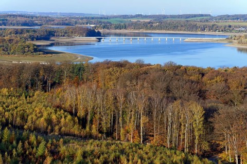 View from the Moehne Lake Tower over the Moehne Lake to the Barrier Wall