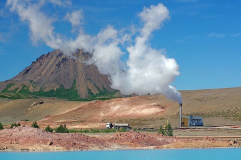 Geothermal lake and steam of a diatomaceous earth plant