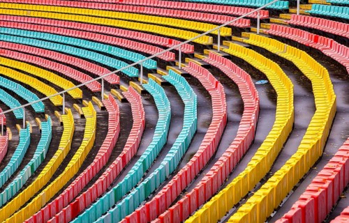 Colourful seats for the spectators at Friedrich Ludwig Jahn Sportpark