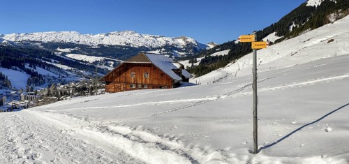 Winter hiking trail with alpine farm high above Soerenberg