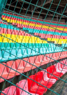 Colourful seats for the spectators at Friedrich Ludwig Jahn Sportpark