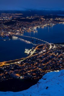 View over Tromso Bay with road bridge and Ice Sea Cathedral