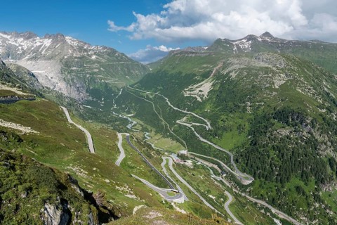 View of the Rhone Valley in Valais with Furka Road and Grimsel Pass Road