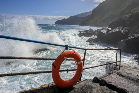 Lifebuoy by the wild coast at Pescante de Agulo