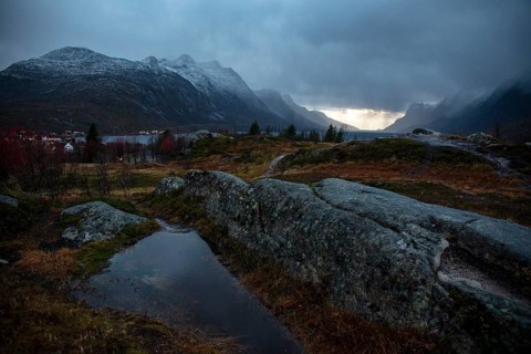 View over Ersfjordbotn in autumn at dusk