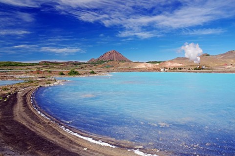 Geothermal lake and steam of a diatomaceous earth plant