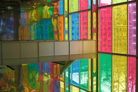 Colorful windows in the foyer of the Palais des congres de Montreal convention centre