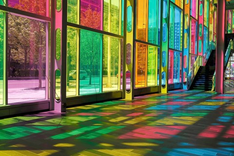 Colorful reflections in the foyer of the Palais des congres de Montreal convention centre