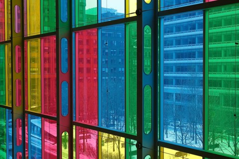 Colorful windows in the foyer of the Palais des congres de Montreal convention centre