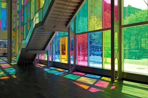 Colorful reflections in the foyer of the Palais des congres de Montreal convention centre