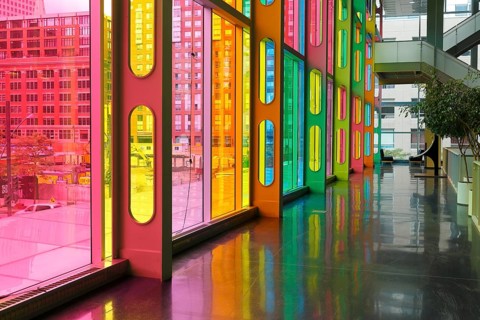 Colorful reflections in the foyer of the Palais des congres de Montreal convention centre