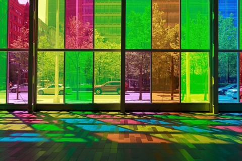 Colorful reflections in the foyer of the Palais des congres de Montreal convention centre