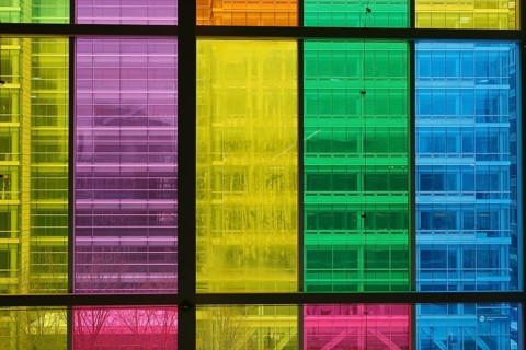 Colorful windows in the foyer of the Palais des congres de Montreal convention centre