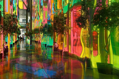Colorful reflections in the foyer of the Palais des congres de Montreal convention centre