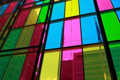 Colorful reflections in the foyer of the Palais des congres de Montreal convention centre