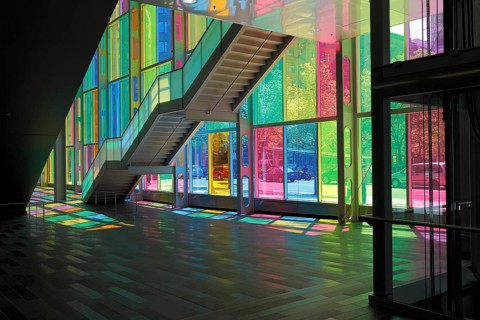 Colorful reflections in the foyer of the Palais des congres de Montreal convention centre