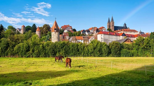 View over horse paddock to the old town with fortified towers