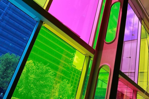 Colorful reflections in the foyer of the Palais des congres de Montreal convention centre