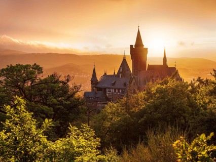View from Agnesberg on Wernigerode Castle at sunset