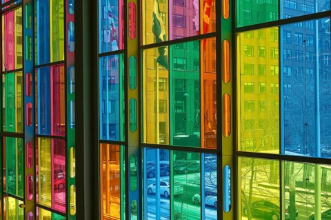 Colorful windows in the foyer of the Palais des congres de Montreal convention centre