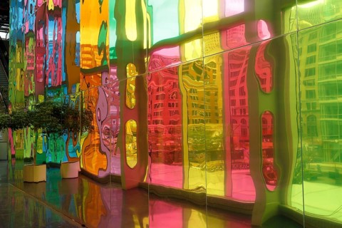 Colorful reflections in the foyer of the Palais des congres de Montreal convention centre