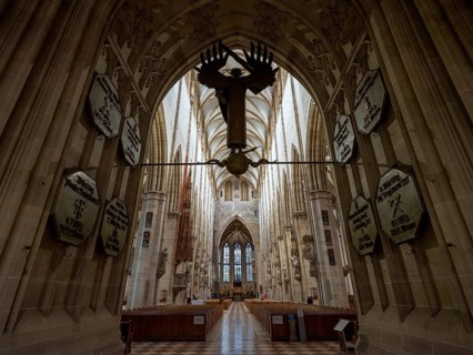 The Archangel Michael by Stuttgart artist Ulfert Janssen in the entrance area of the Cathedral of Our Lady in Ulm