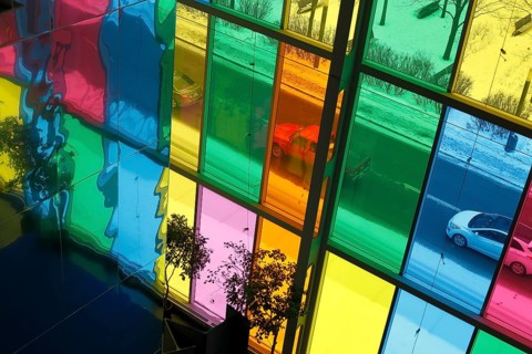 Colorful windows in the foyer of the Palais des congres de Montreal convention centre