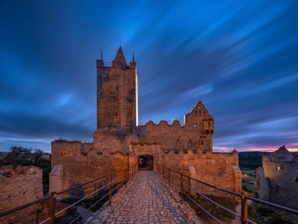 Rudelsburg castle ruins in the Saale valley near Bad Koesen at dusk