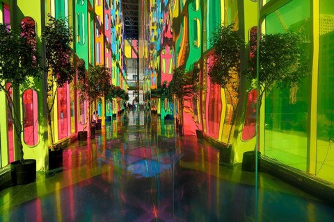 Colorful reflections in the foyer of the Palais des congres de Montreal convention centre