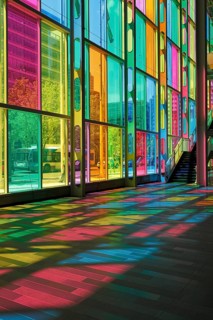Colorful reflections in the foyer of the Palais des congres de Montreal convention centre