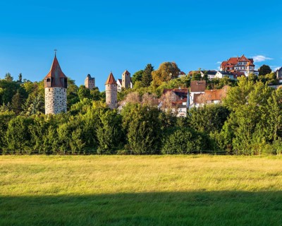 View of the old town with fortified towers and half-timbered houses