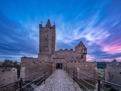 Rudelsburg castle ruins in the Saale valley near Bad Koesen at dusk