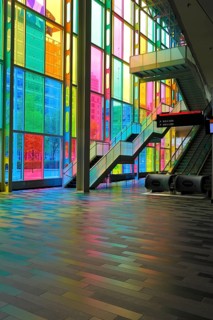 Colorful reflections in the foyer of the Palais des congres de Montreal convention centre