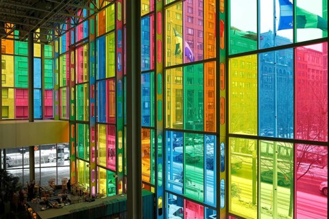 Colorful windows in the foyer of the Palais des congres de Montreal convention centre