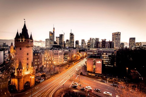 View over the illuminated Frankfurt at night
