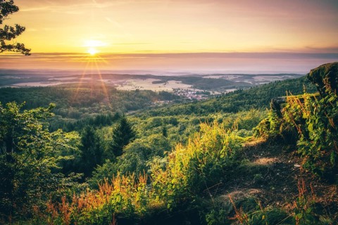 View at sunset from the slate rock Grossen Zacken in the Taunus