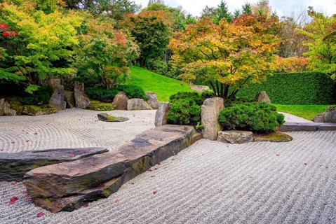 Japanese garden with gravel bed and stone formation