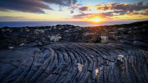 Typical volcanic landscape at La Restinga at sunset