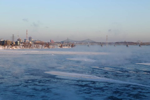 Rising Fog caused by extreme cold temperatures on the Saint Lawrence River