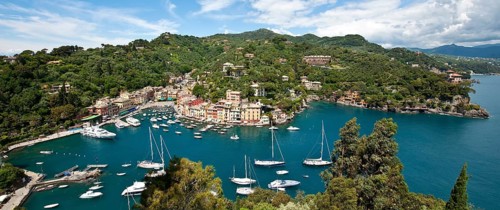 Panorama of bay harbour fishing village Portofino with sailing yachts and motor yachts