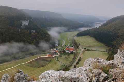 View from the Korbfelsen to the Talhofe with hydroelectric power plant power station